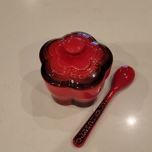 Le Creuset Retired Cayenne Red Flower Ramekin With Spoon